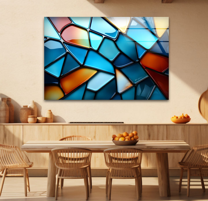 Moderne Wanddekoration aus Buntglas – Abstrakter Musterdruck in Blau und Rot 