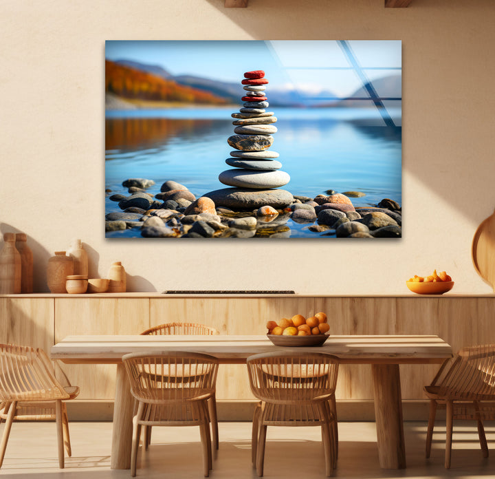 Stacked Stones Glass Wall Art – Tranquil Lake Balance Scene