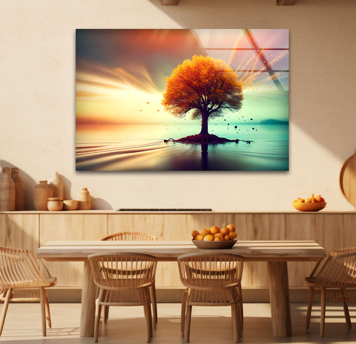 Schwebende Herbstbaum-Wandkunst – Ruhiges Landschafts-Glasdruck-Design