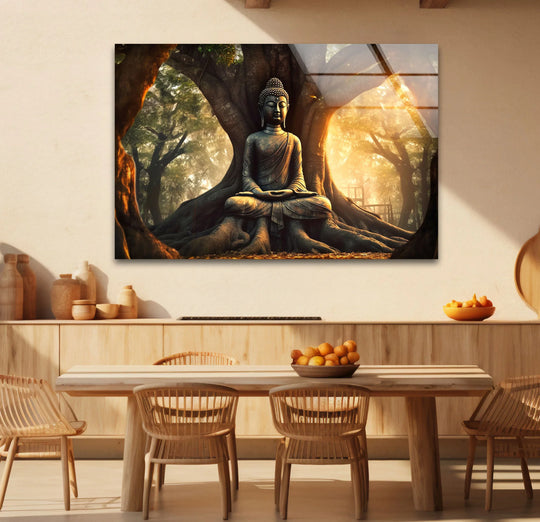 High-quality glass wall artwork ensures the Buddha Under Tree wall art print has exceptional clarity, showing the tranquil sunrise meditation scene with fine detail.