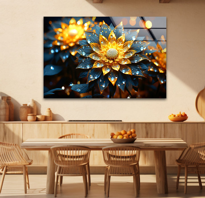 Golden Glow Floral Wall Art – Illuminated Flower Glass Print Design