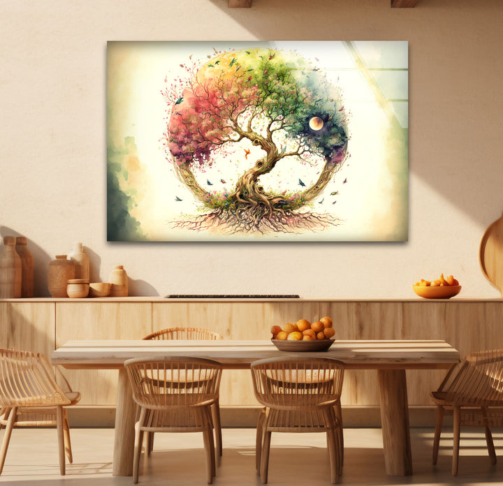 Regenbogen-Baum des Lebens Wandkunst – Wunderliches Aquarell-Glasdruck-Design