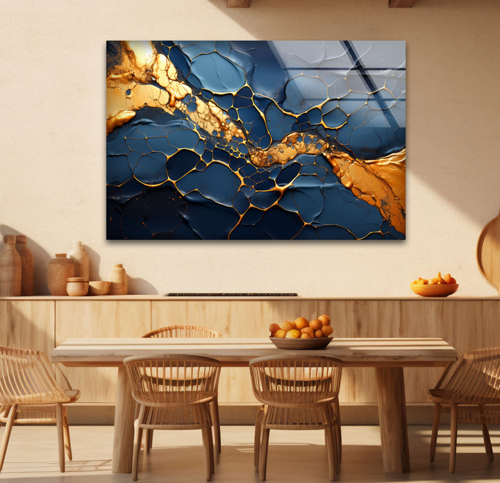 Dark Blue and Gold Abstract Wall Art – Cracked Fluid Glass Print Design