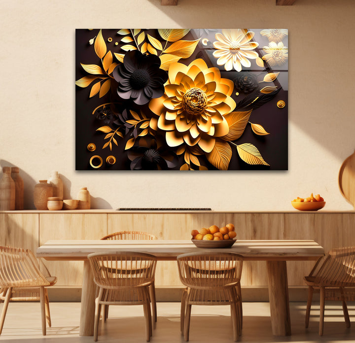 Golden Bloom Florale Wandkunst – Dekor aus gehärtetem Glas in Schwarz und Gold
