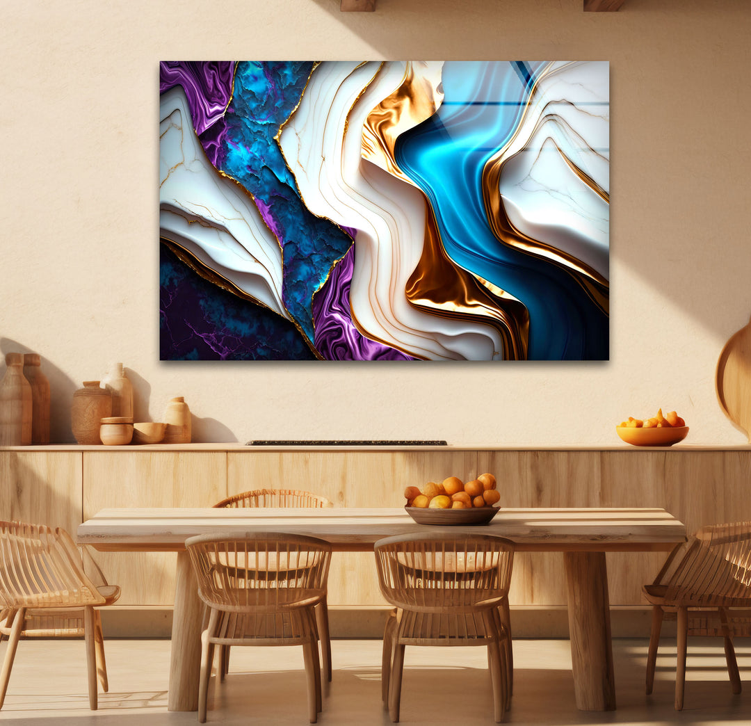 Colorful Marble Abstract Wall Art – Blue, Purple & Gold Glass Print Design