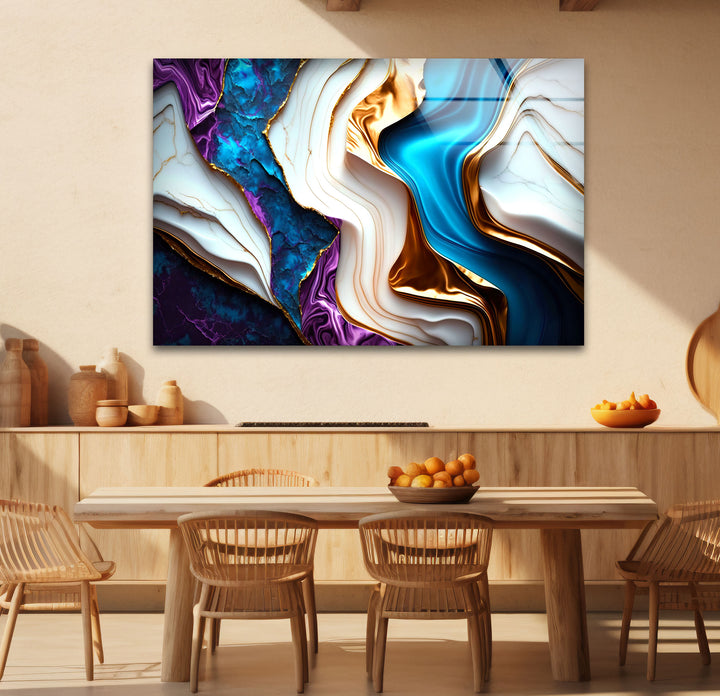 Colorful Marble Abstract Wall Art – Blue, Purple & Gold Glass Print Design