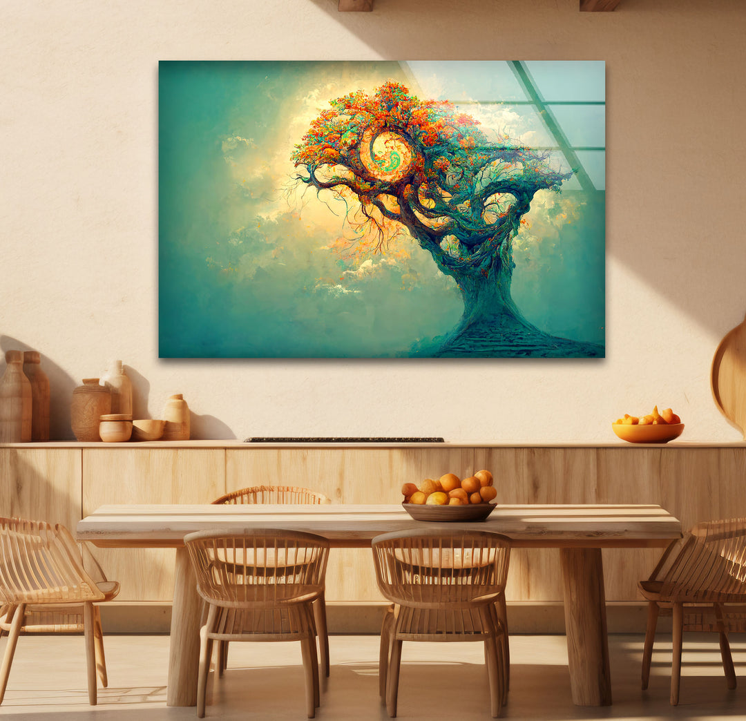 Spiralbaum-Wandkunst – Mystisches Fantasy-Lebensbaum-Glasdruck-Design