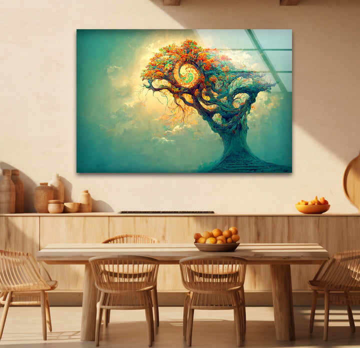 Spiralbaum-Wandkunst – Mystisches Fantasy-Lebensbaum-Glasdruck-Design