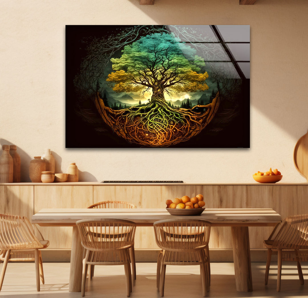 Wandkunst „Baum des Lebens“ – Lebendige Wurzeln und Waldenergie-Glasdruckdesign