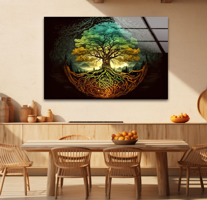 Wandkunst „Baum des Lebens“ – Lebendige Wurzeln und Waldenergie-Glasdruckdesign
