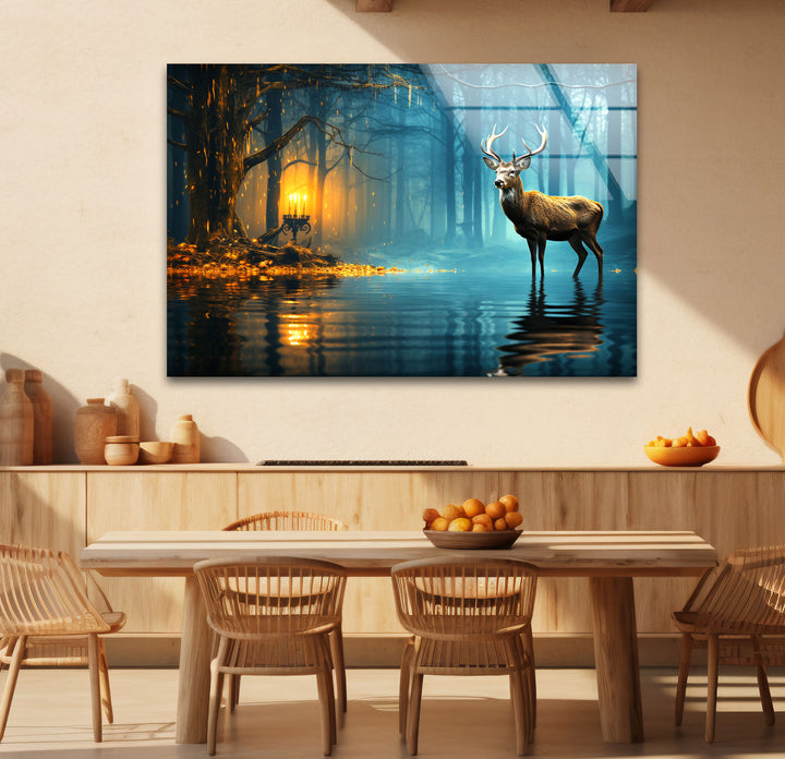 Mystische Wald Hirsch Wandkunst – Verzauberte Natur Glasdruck Dekor