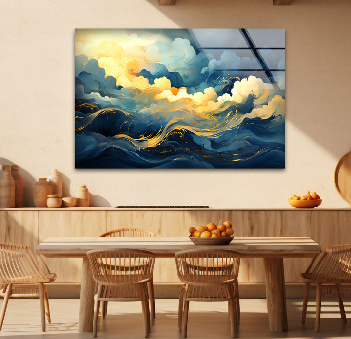Goldener Himmel &amp; Meereswellen Wandkunst – Abstrakter Glasdruck von Dreamy Horizon 