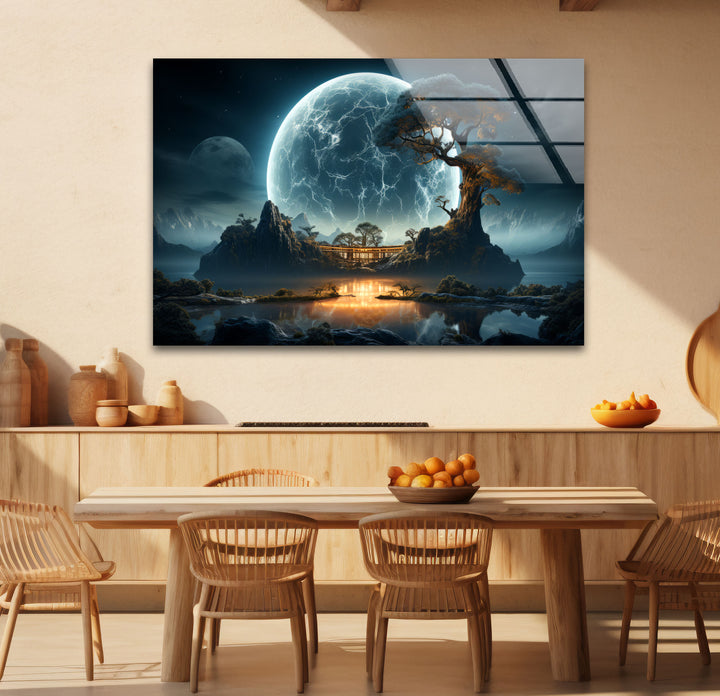 Moonlit Zen Temple Wall Art – Futuristic Landscape Glass Print