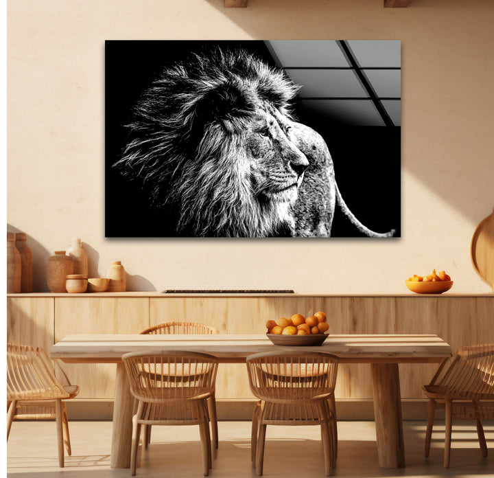 Black and White Lion Wall Art – Majestic Wildlife Glass Print Design