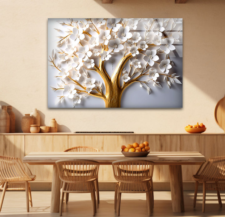 Golden Blooming Tree Wandkunst – Weißer Blumenglasdruck für elegantes Dekor