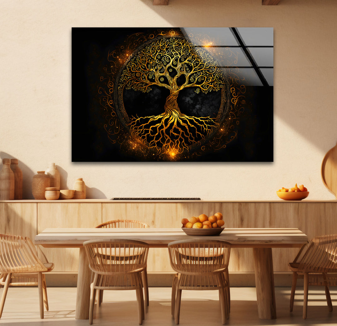 Wandkunst „Baum des Lebens“ – Leuchtendes goldenes Design mit Wurzeln und Zweigen auf Glas