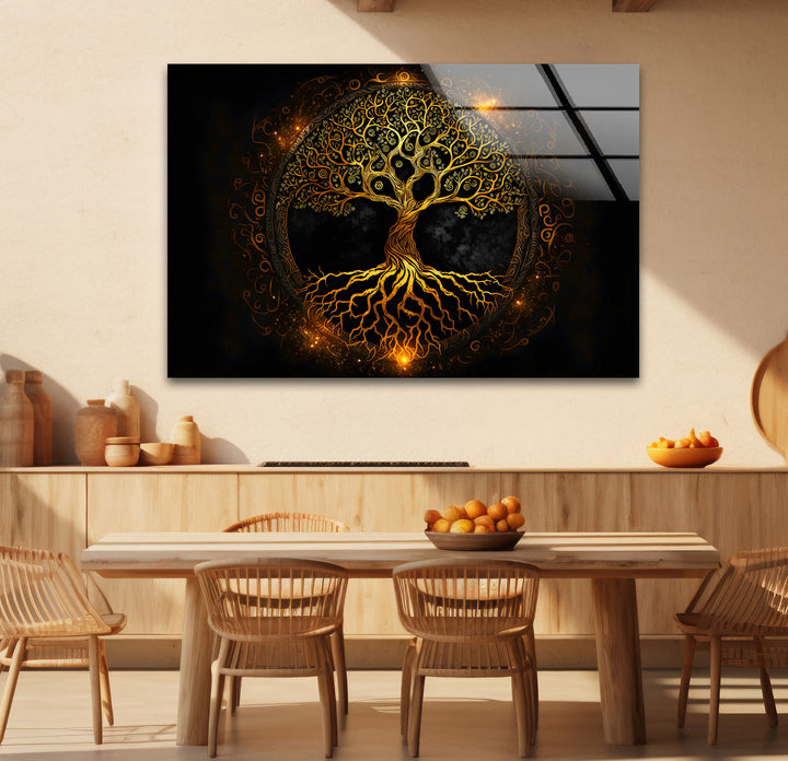 Wandkunst „Baum des Lebens“ – Leuchtendes goldenes Design mit Wurzeln und Zweigen auf Glas