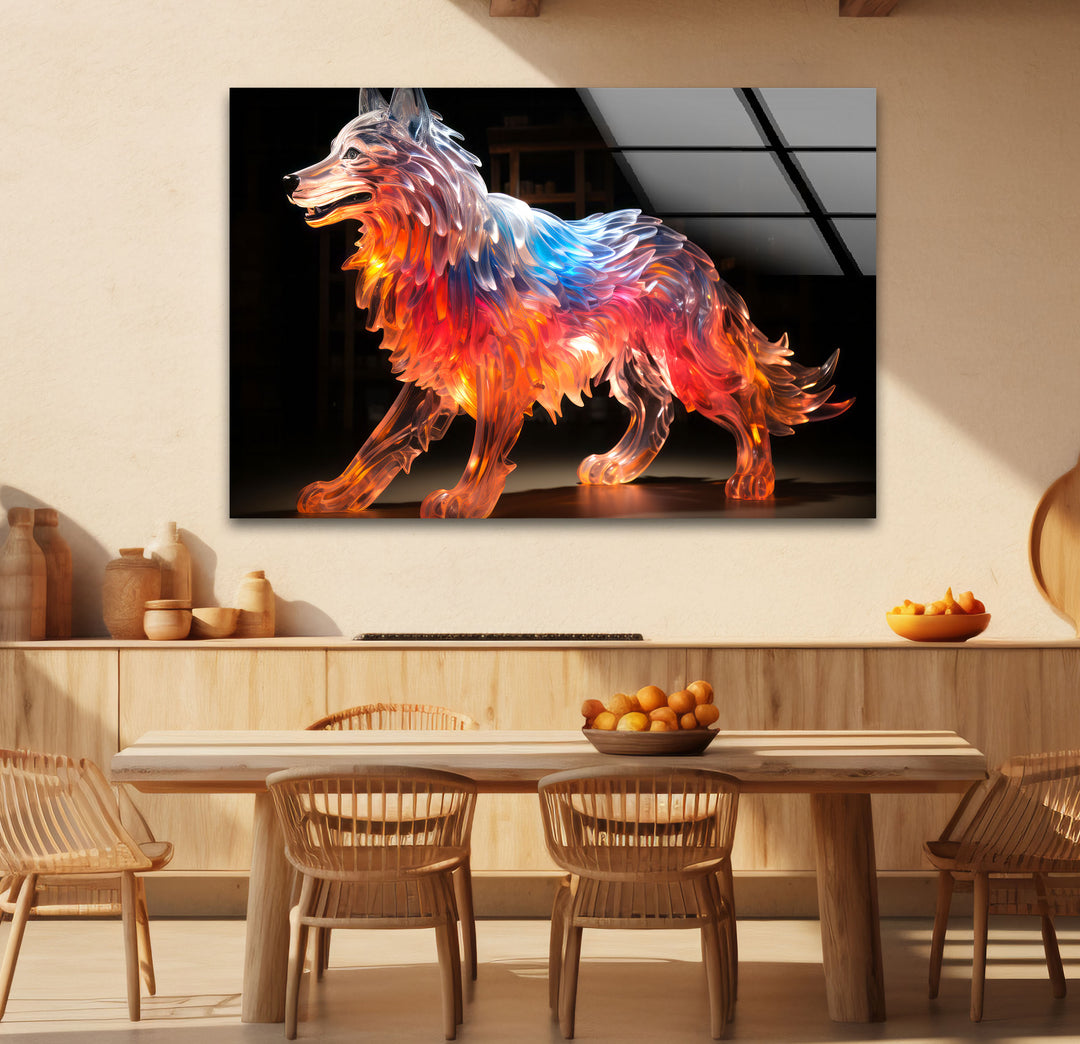 Glowing Wolf Wall Art – Abstract Fiery Glass Sculpture Print Design