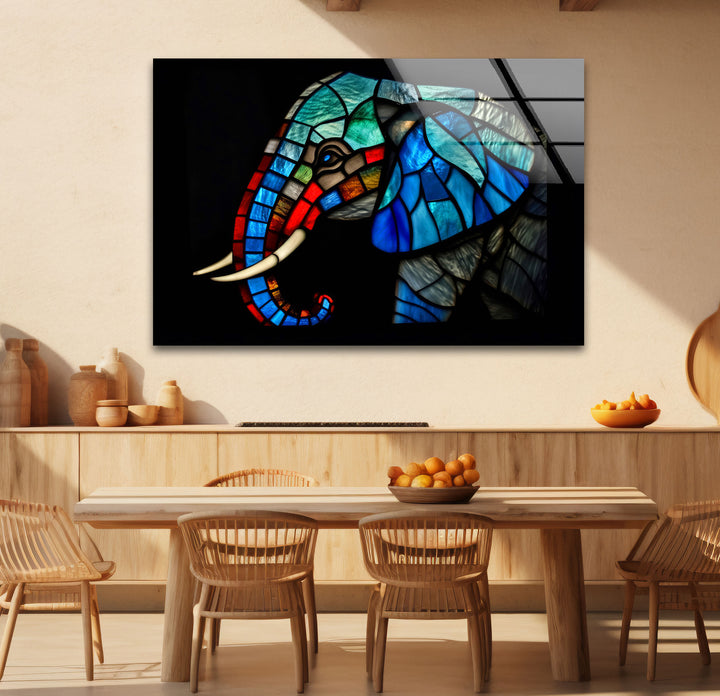 Blaue Elefanten-Wandkunst aus Buntglas – Farbenfrohes Tier-Glasdruck-Design