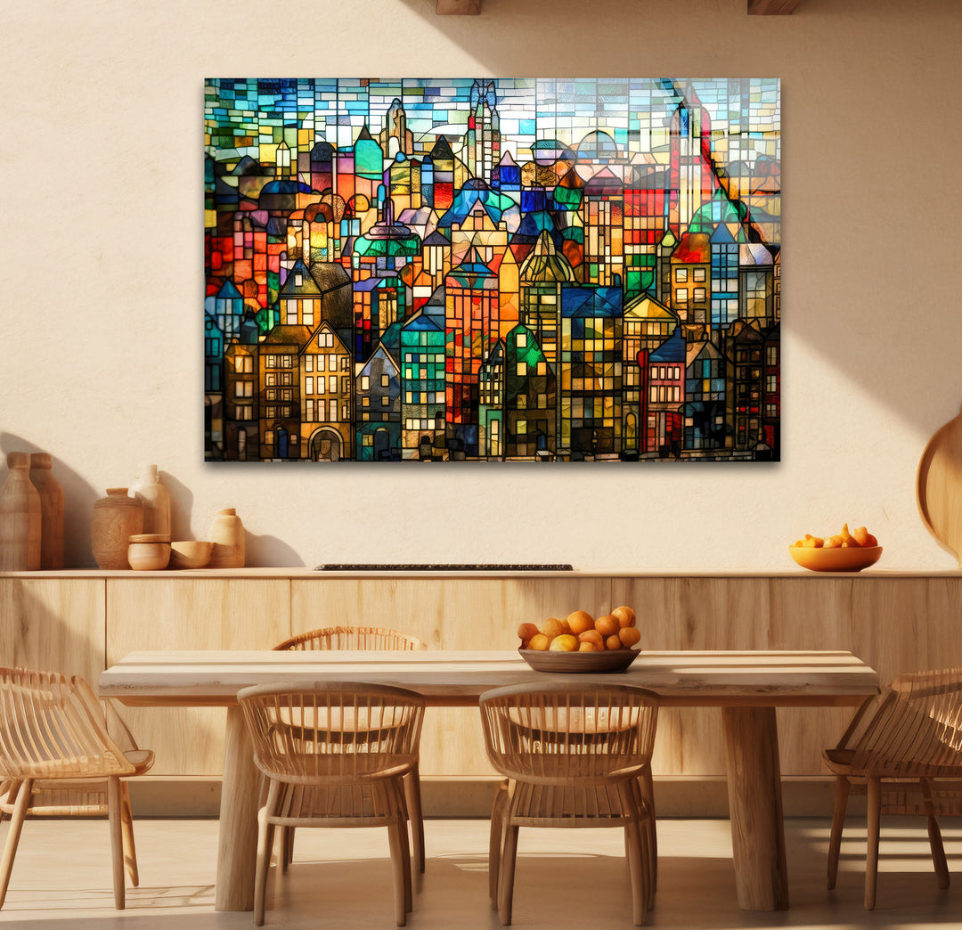 Bunte Stadtwandkunst aus Buntglas – Urban Skyline Glasdruck-Design