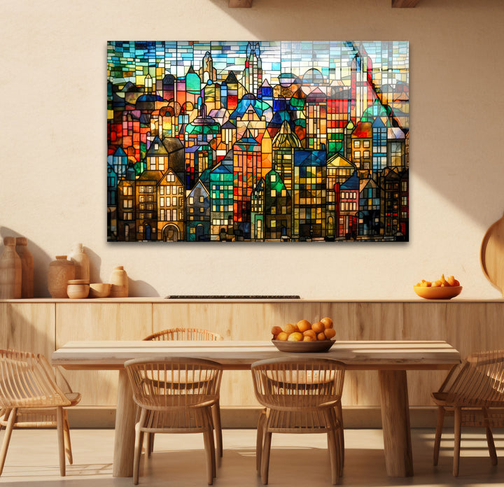 Bunte Stadtwandkunst aus Buntglas – Urban Skyline Glasdruck-Design