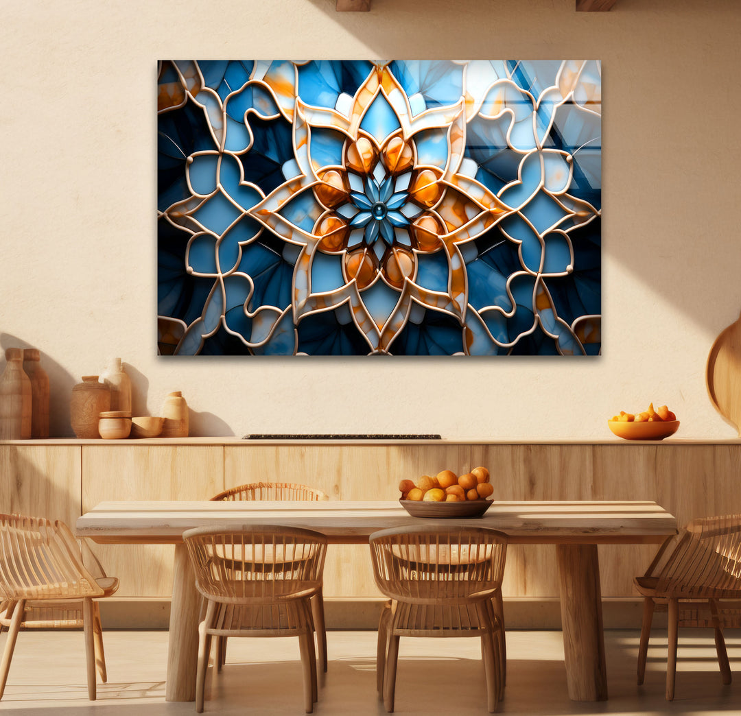 Blue & Amber Geometric Wall Art – Islamic Mandala Glass Print for Modern Interiors