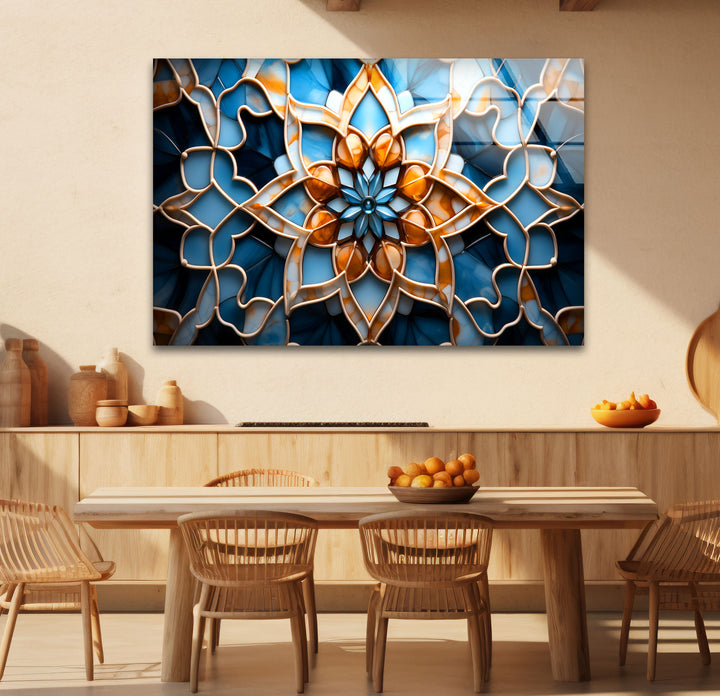 Blue & Amber Geometric Wall Art – Islamic Mandala Glass Print for Modern Interiors