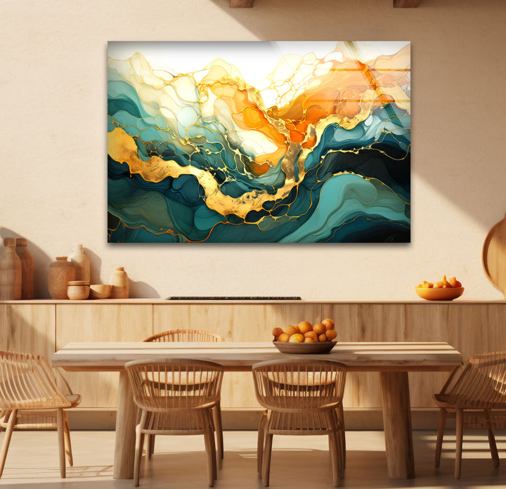 Golden Horizon Abstract Wall Art – Emerald & Gold Tempered Glass Print