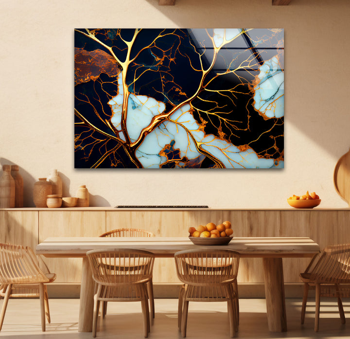 Electric Veins Abstrakte Wandkunst – Goldmarmor-inspirierter Glasdruck