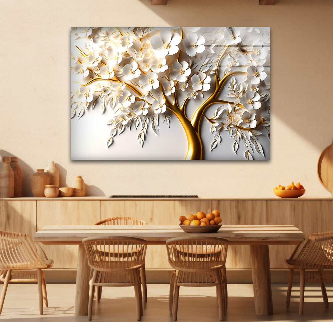 Golden Blossom Tree Wandkunst – Weißes Blumenglaskunstwerk für elegantes Dekor