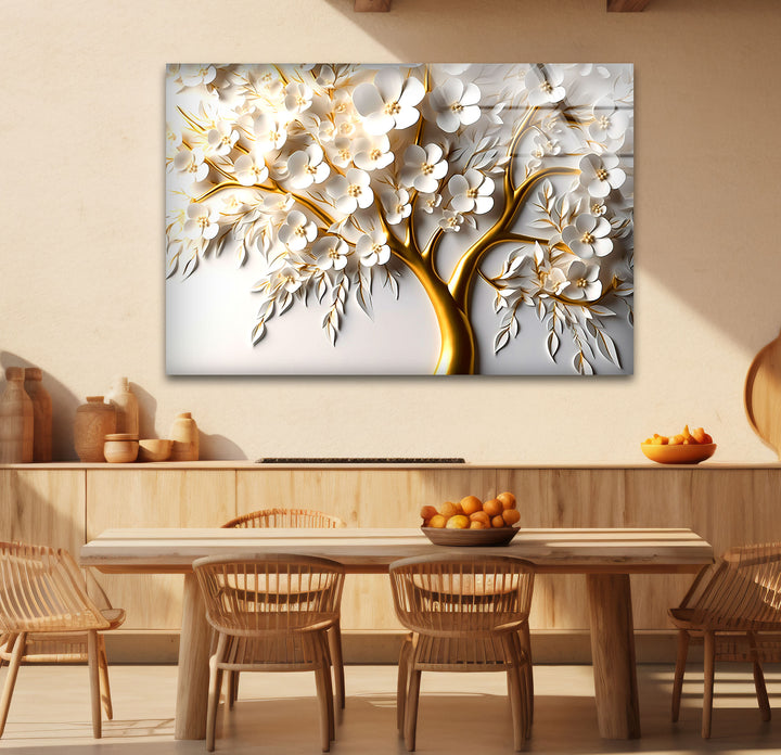 Golden Blossom Tree Wandkunst – Weißes Blumenglaskunstwerk für elegantes Dekor