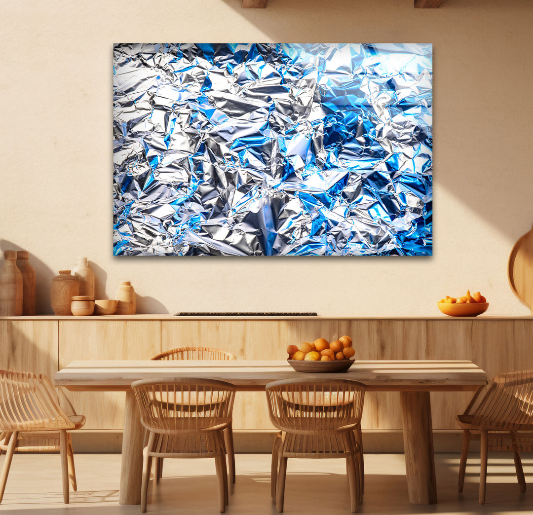 Crinkled Silver Foil Wall Art – Abstract Metallic Texture Glass Print