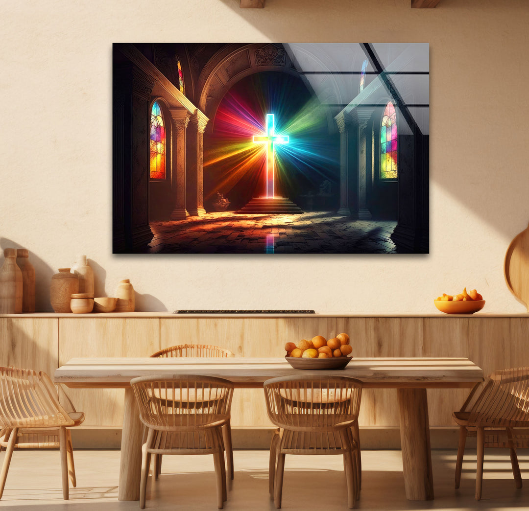 Radiant Cross Wall Art – Colorful Light Burst Christian Glass Print