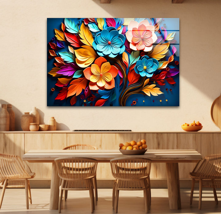Lebendige florale Explosions-Wandkunst – Buntes Blumendesign aus gehärtetem Glas