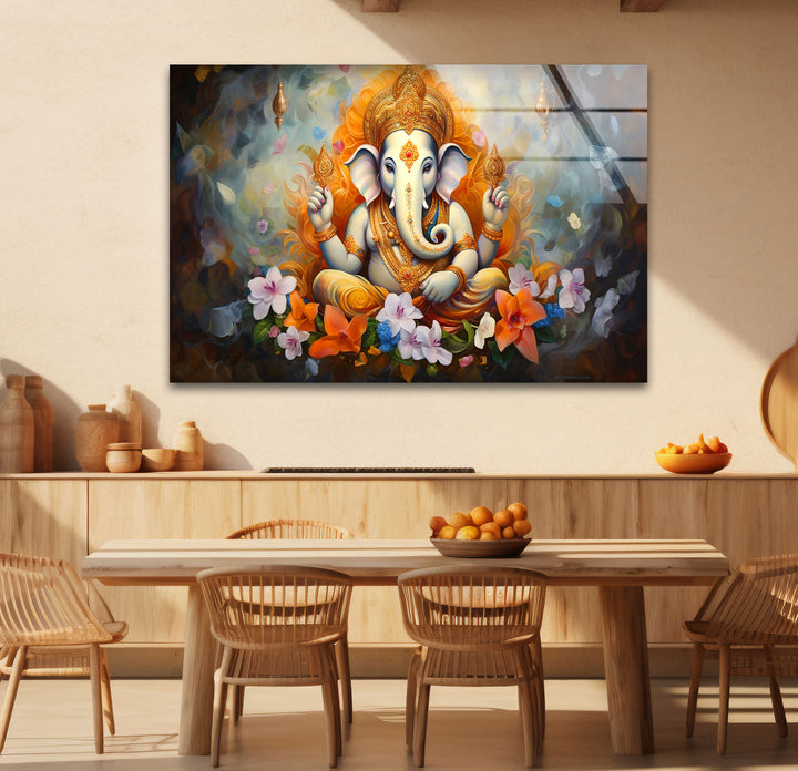 Sacred Ganesha Wall Art – Divine Floral Hindu Decor Glass Print