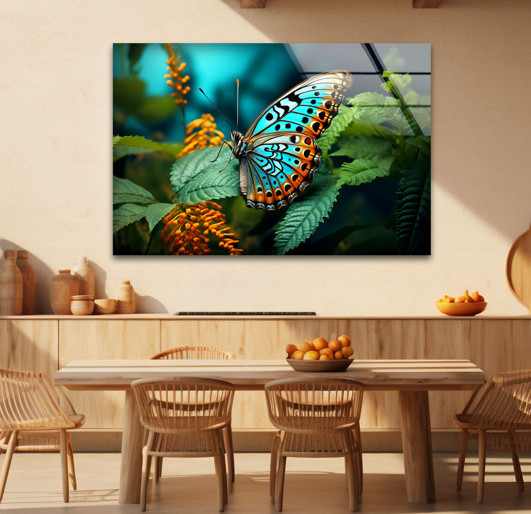 Blue Monarch Glaswandkunst – Lebendiger Schmetterling auf Blattdruck 