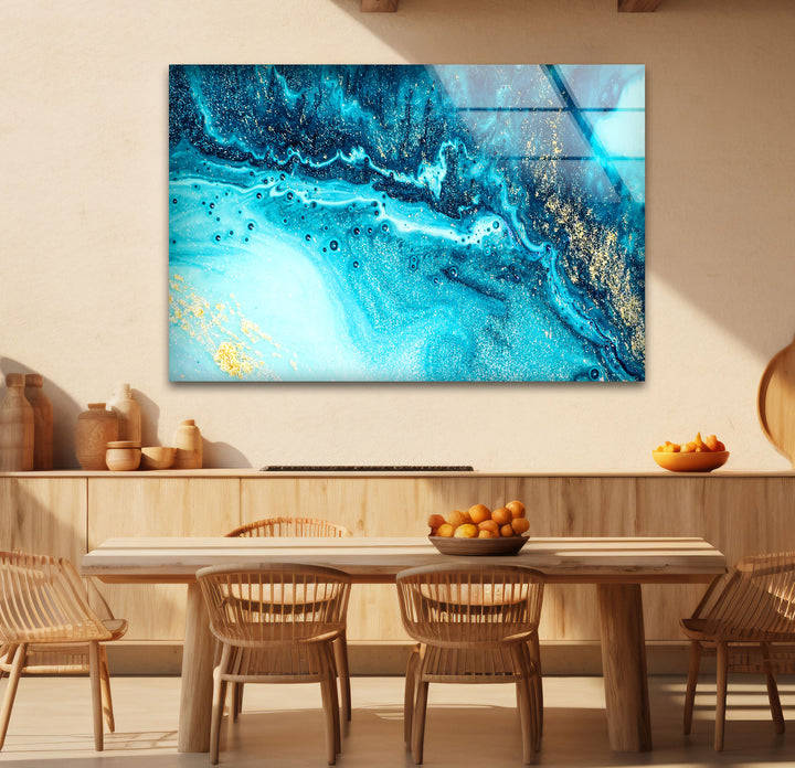 Blue and Gold Abstract Wall Art – Ocean-Inspired Glass Print Design