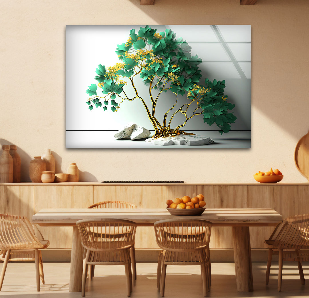 Elegante grüne Baum-Wandkunst – Goldener botanischer Glasdruck mit Marmorsockel
