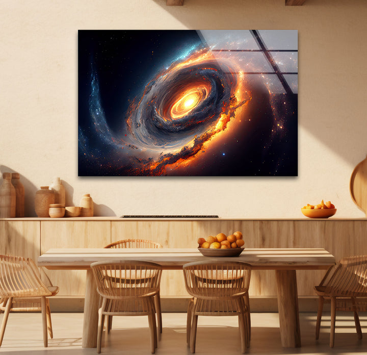 Feurige Galaxie-Spiralwandkunst – Glasdruck mit Weltraumnebel 