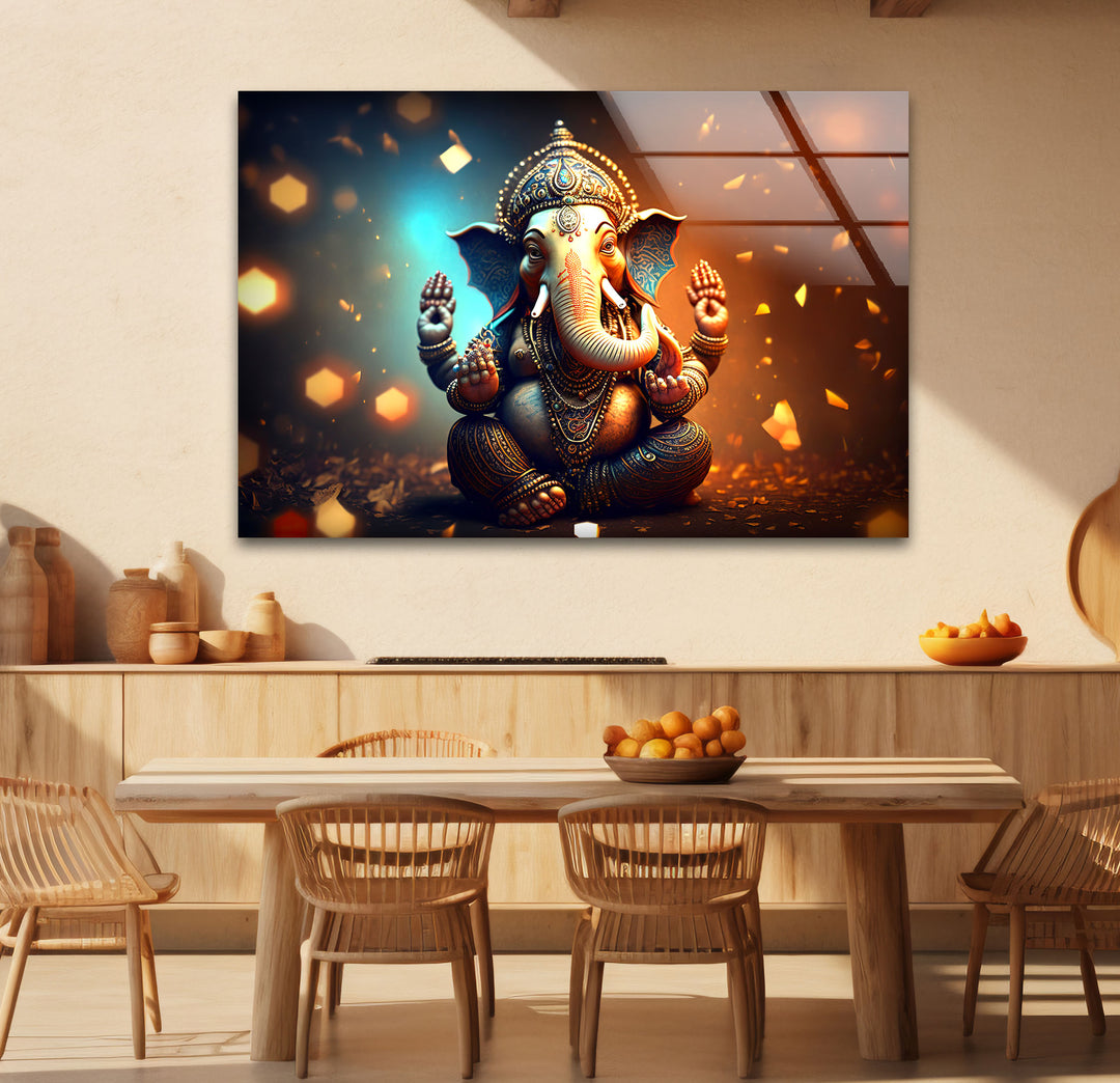 Golden Lord Ganesha Wall Art – Spiritual Glass Print for Sacred Decor
