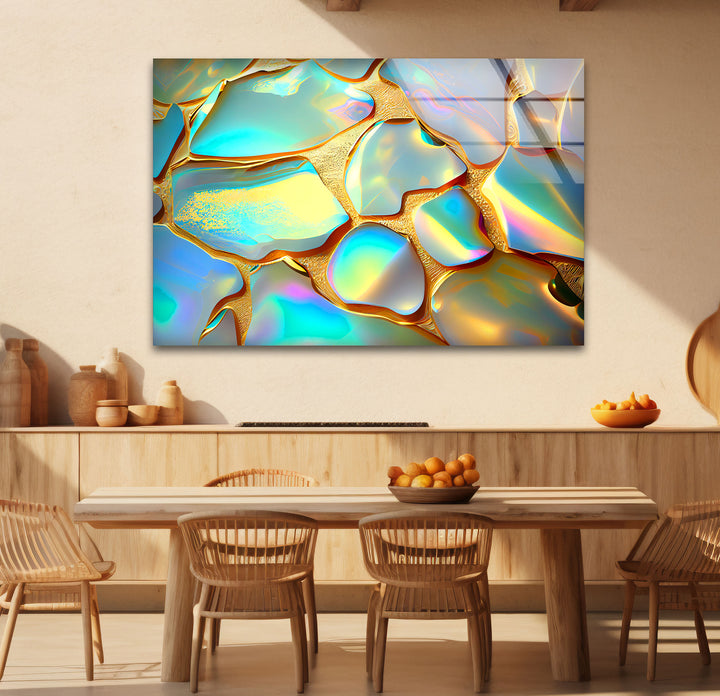 Iridescent Abstract Wall Art – Gold and Rainbow Glass Print Design