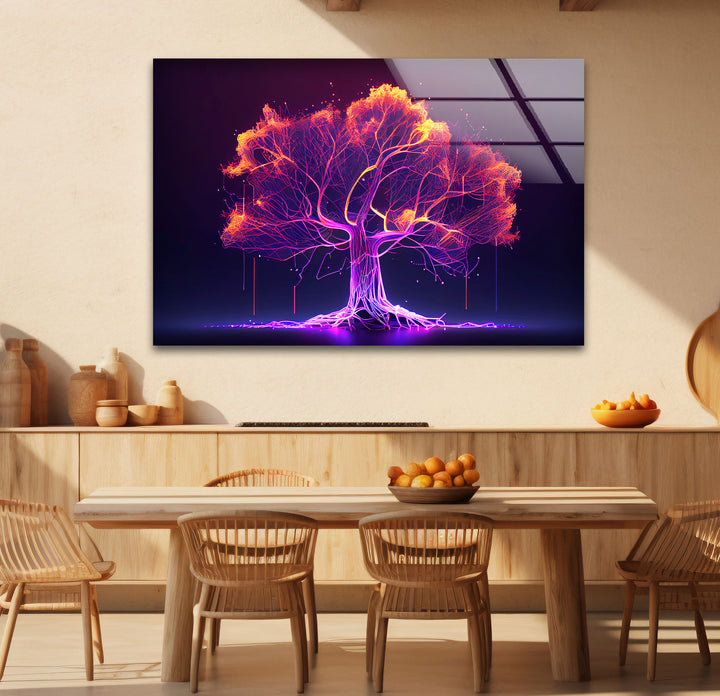 Neon Digital Tree Wandkunst – Futuristischer leuchtender Lichtnetzwerk-Glasdruck