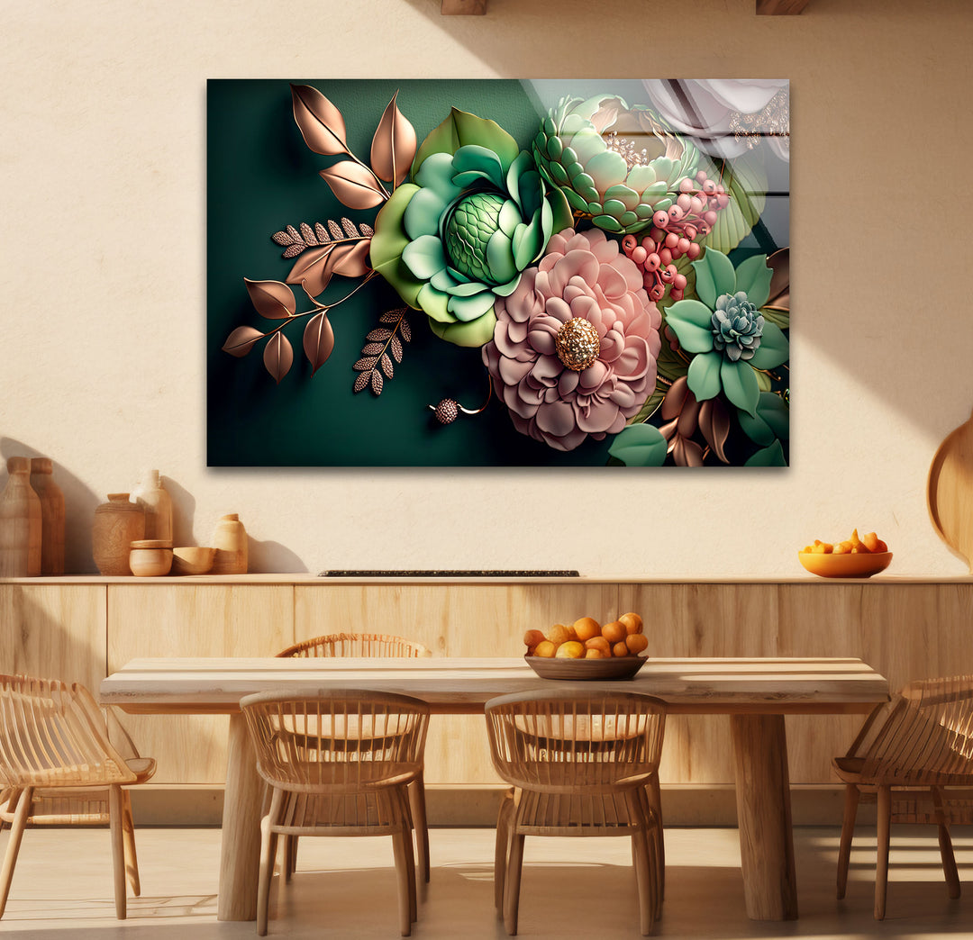 Grüne botanische Wandkunst – 3D-Blumendruck auf Glas mit goldenen und rötlichen Akzenten