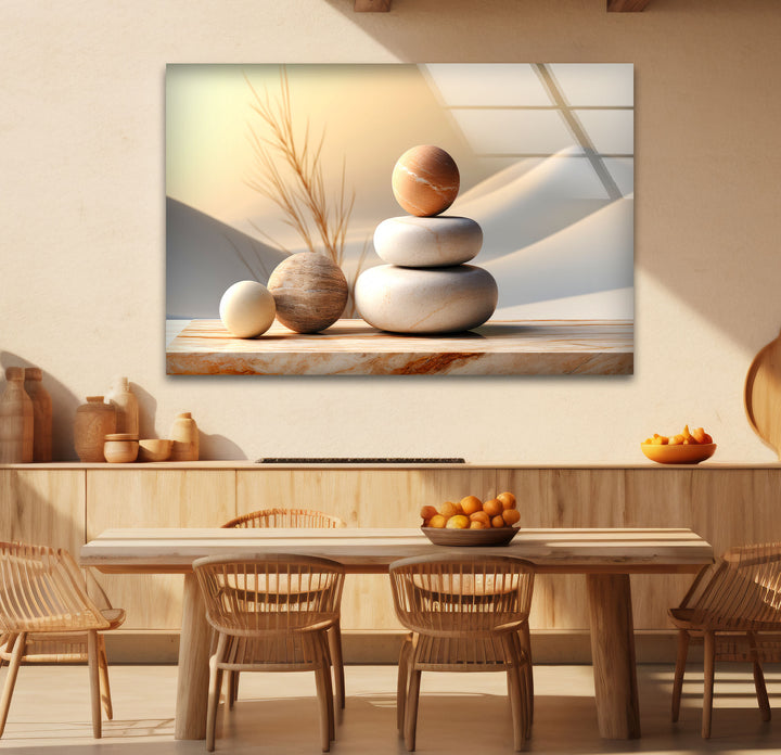 Zen Balance Glaswandkunst – Minimalistische Steinskulptur im Wüstenlicht 