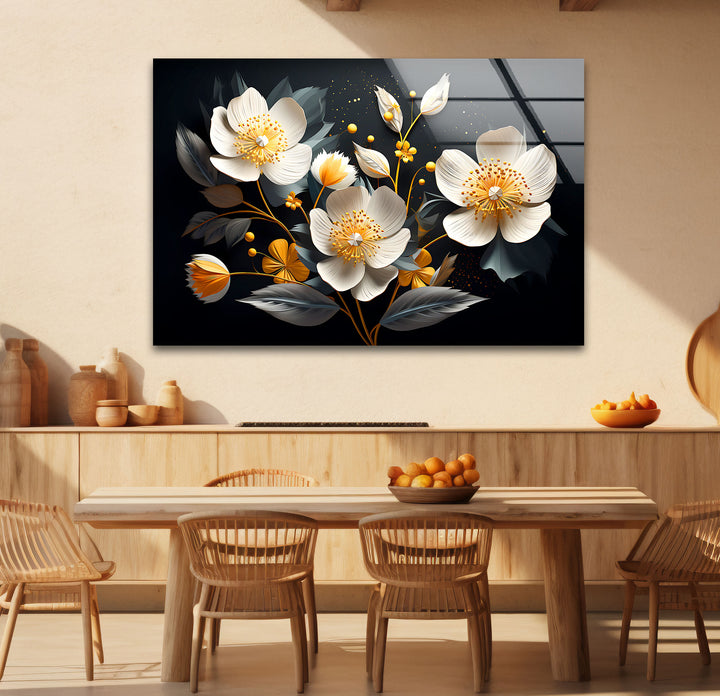 Elegant Bloom Glass Wall Art – White & Gold Floral Design