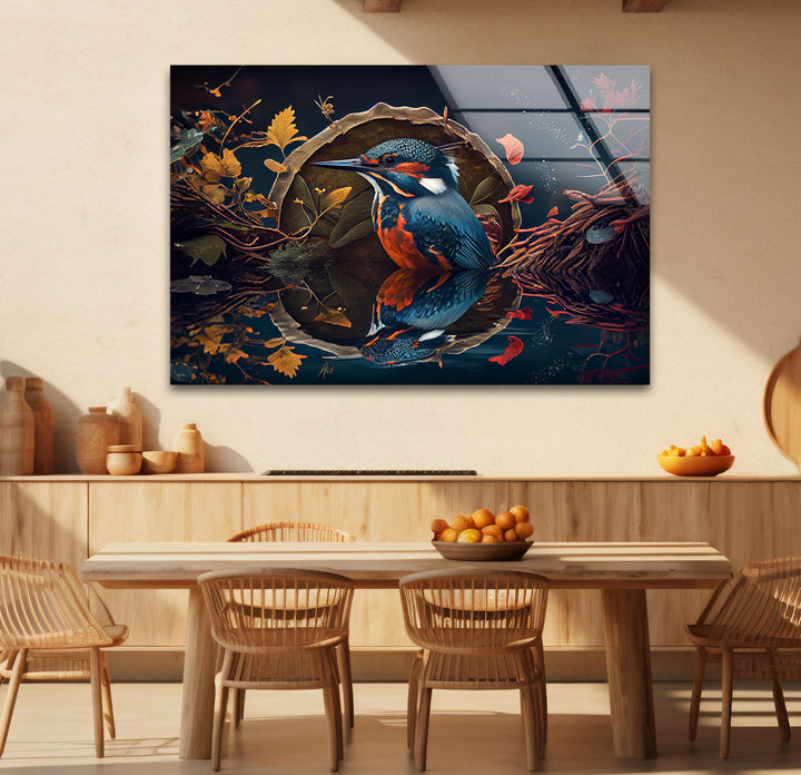 Eisvogel-Reflexion Wandkunst – Herbstwaldvogel-Glasdruck-Design