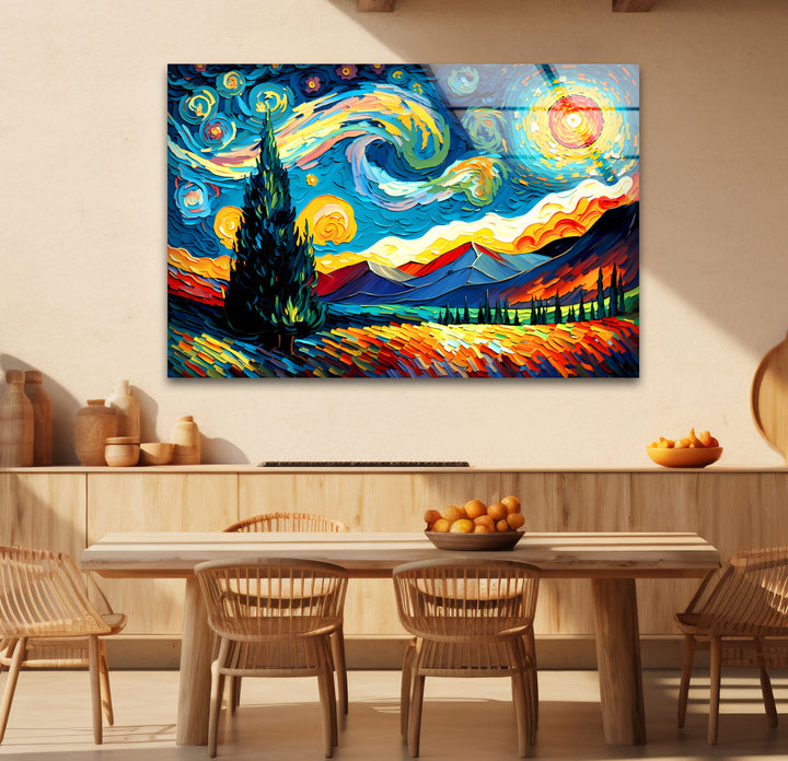 Sternennacht-Landschaftswandkunst – Van Gogh inspirierter bunter Glasdruck