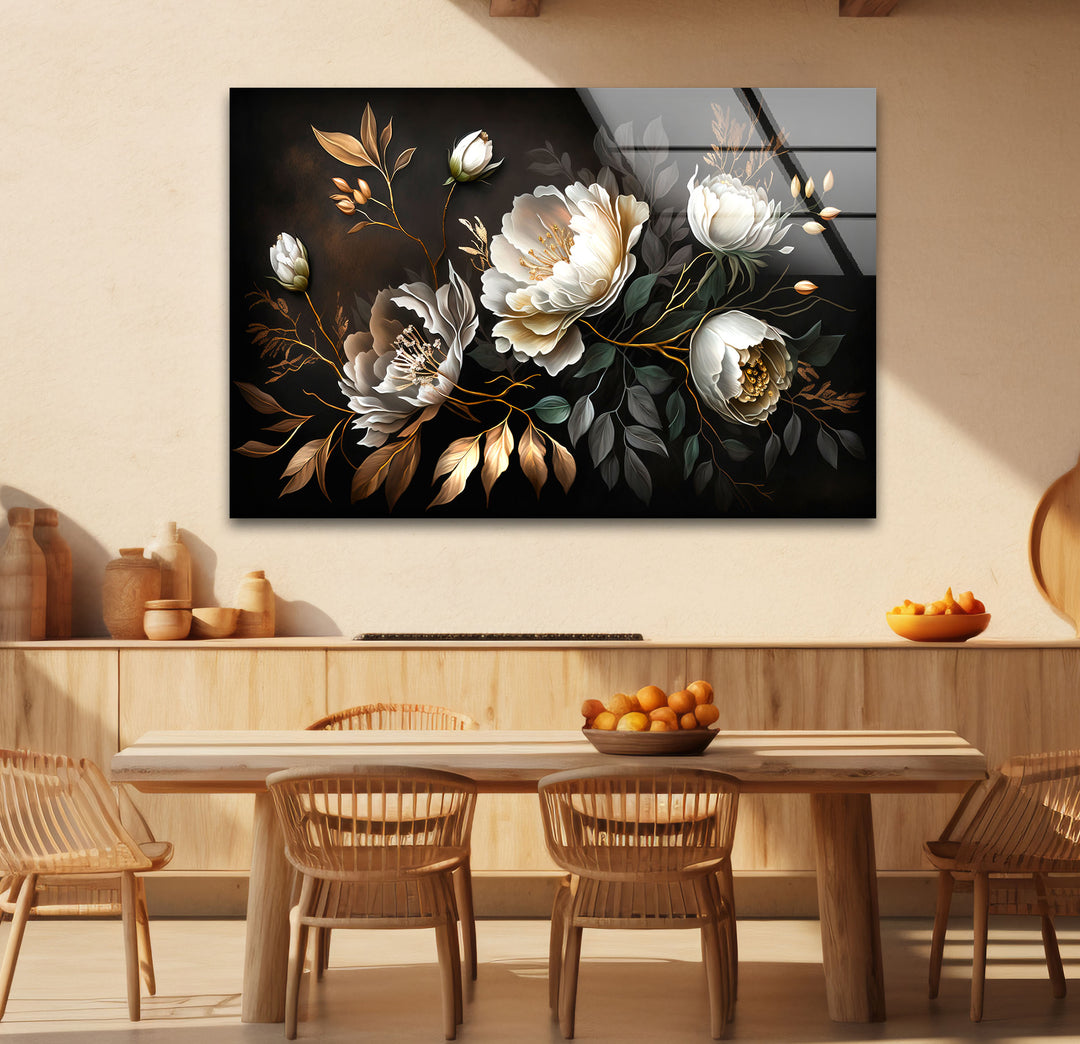 Elegante weiße Pfingstrosen-Wandkunst – Dunkler Blumendruck auf Glas mit goldenen Akzenten