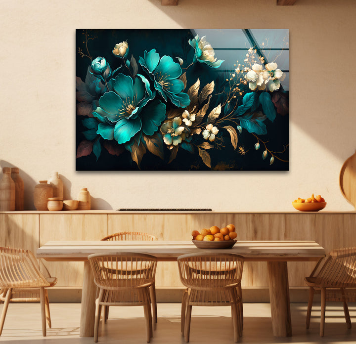 Blaugrüne und goldene florale Wandkunst – Luxuriöses botanisches Glasdruckdesign