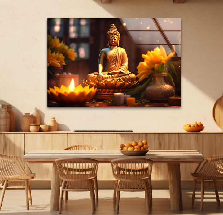Golden Buddha Serenity Wall Art – Peaceful Candlelit Meditation Glass Print